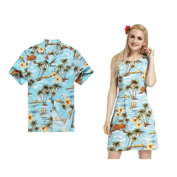 Made in Hawaii Matching Father Daughter Luau Shirt Elastic Strap Dress in Surfer Palm Beach Cream 